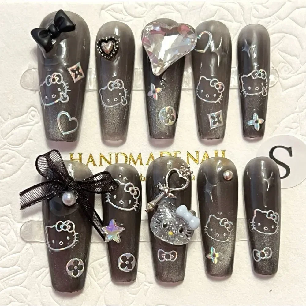 Hand Made Gray Hello Kitty Heart Rhinestone Charm Bow Press On Nails Size Small
